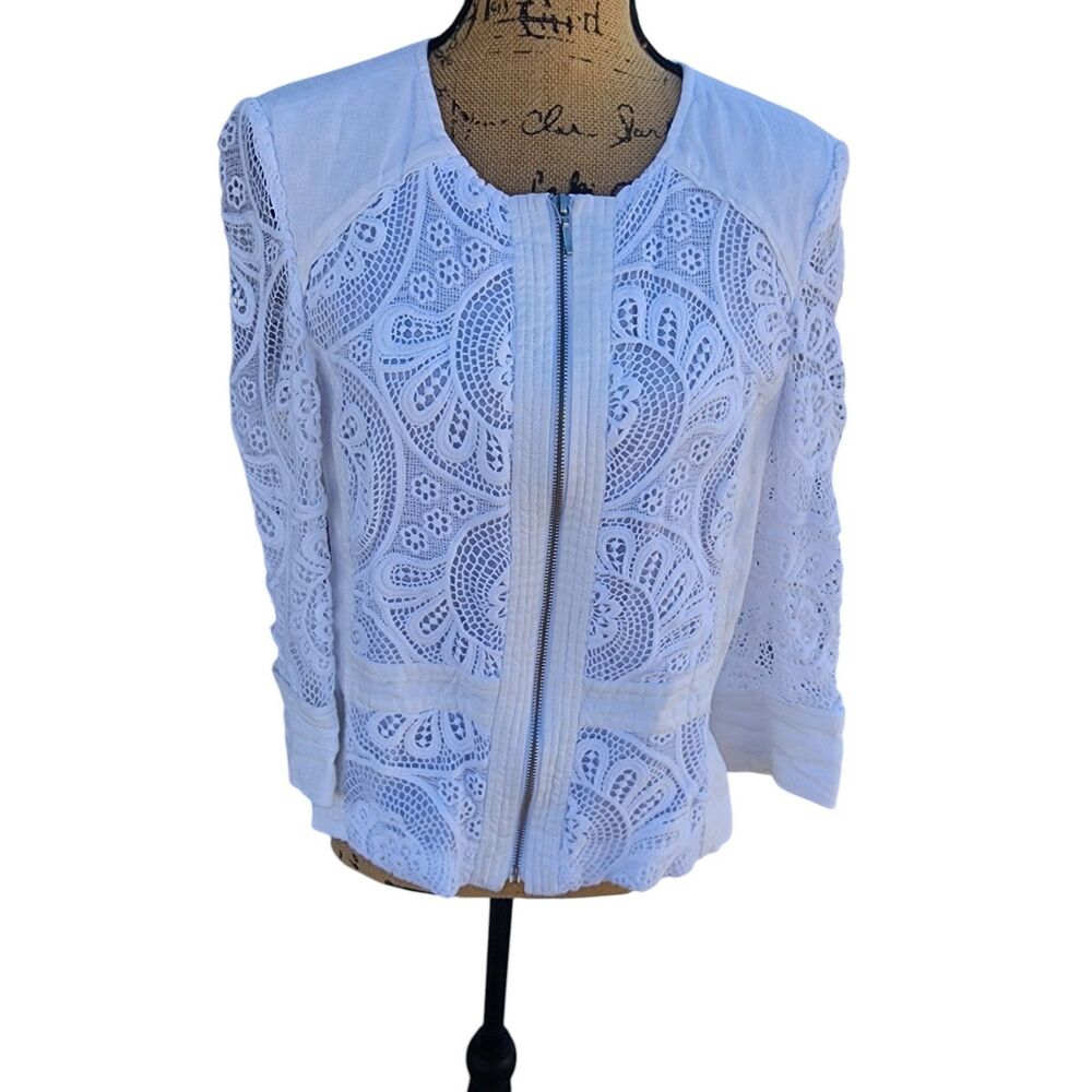 INC International Concepts‎ White Lace Linen Zip Jacket Womens Large Boho